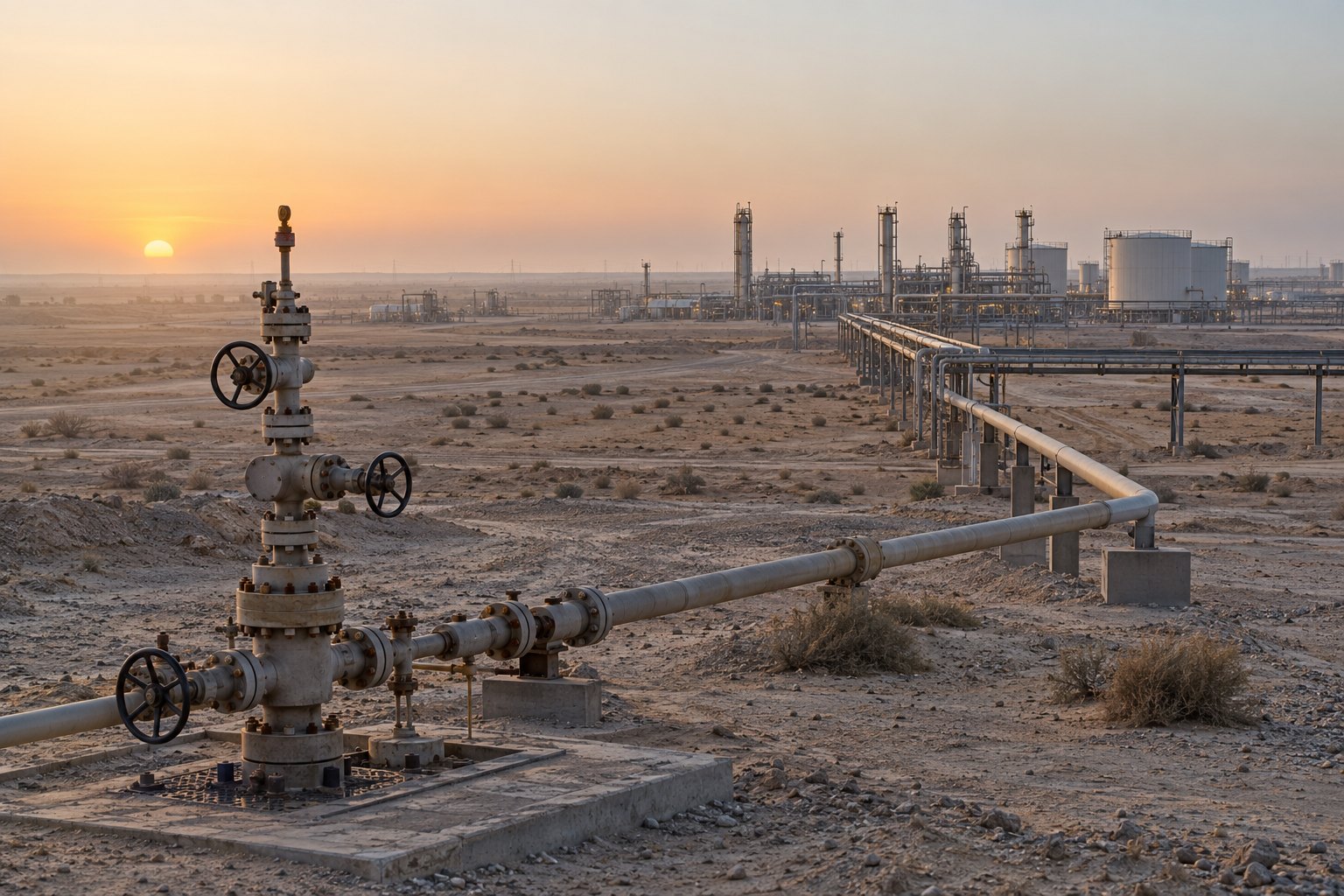 Concept illustration of an oilfield in southern Iraq at dawn: wellhead, flowline and a separation plant on the horizon